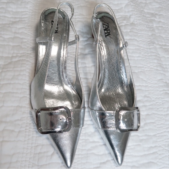 ZARA Silver Metallic Kitten Heel Shoes 39 - Picture 4 of 12